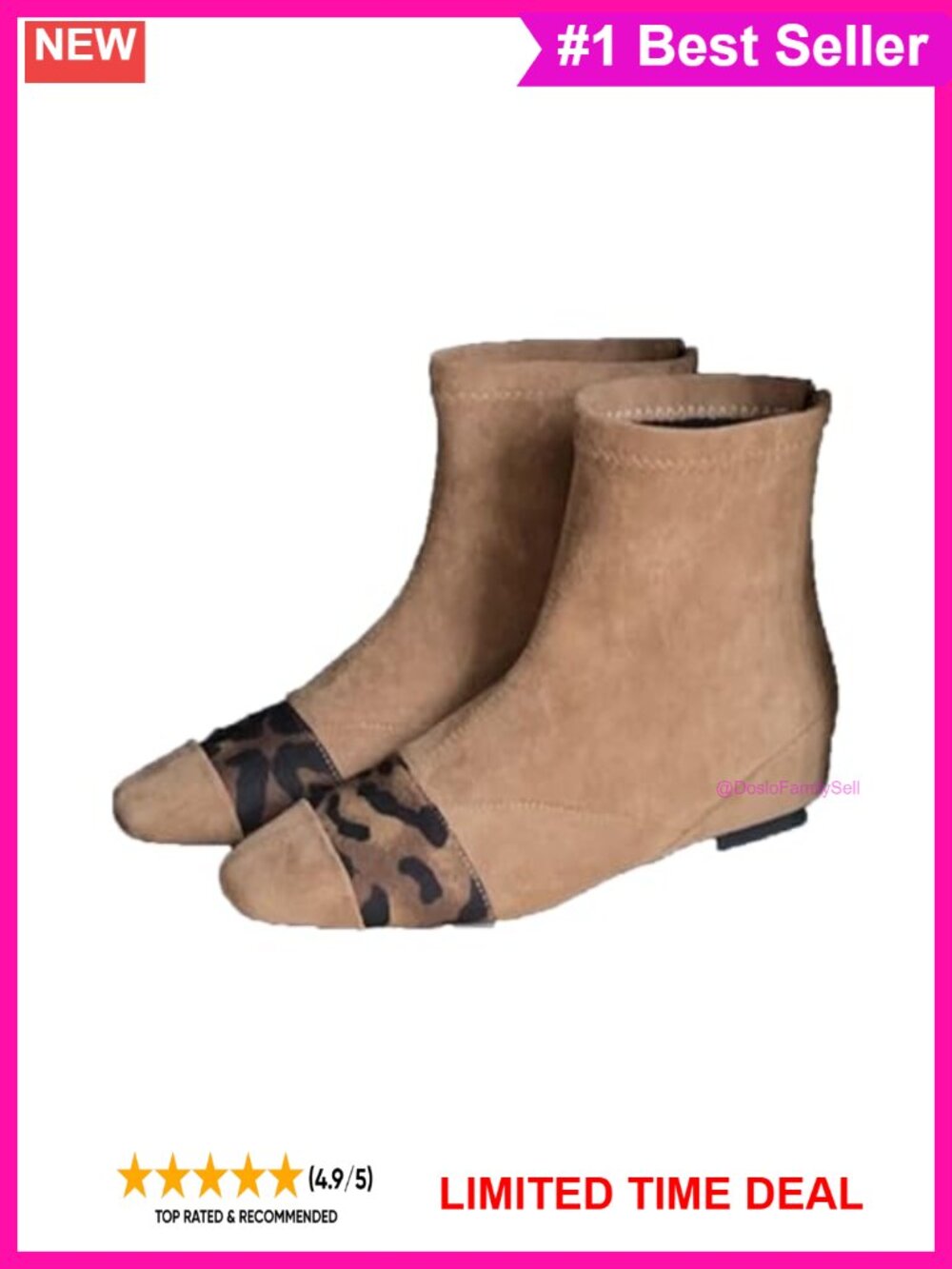 Women's Suede Ankle Boots Square Toe Leopard Patchwork Flat Low Heel Back Zipper